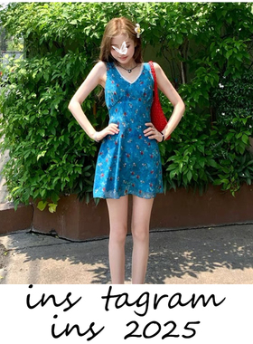 Ashy Snow 卡普里蓝 原创碎花v领雪纺收腰无袖短款连衣裙油画旅游