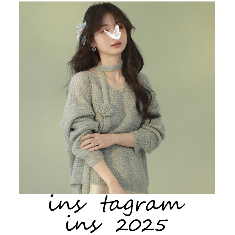 慵懒姐姐 浪漫感立体玫瑰飘带V领毛衫春季女针织上衣