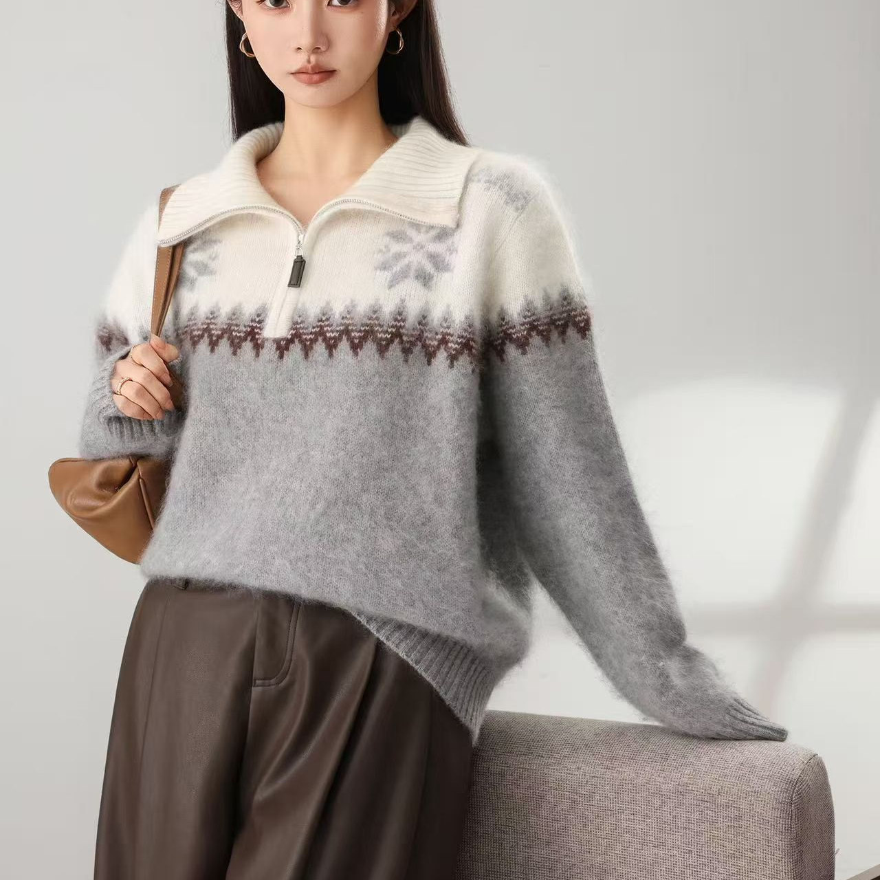 A050-A099韩版秋冬翻领条纹厚实毛衣宽松半拉链针织衫女