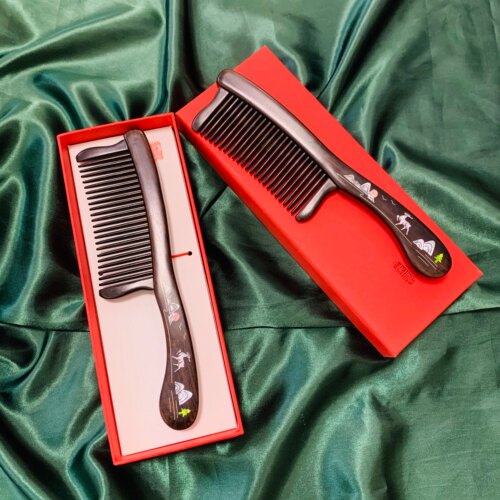 御用木天然紫光檀木礼盒镶握把梳女长发蓬松护发经络按摩插齿梳