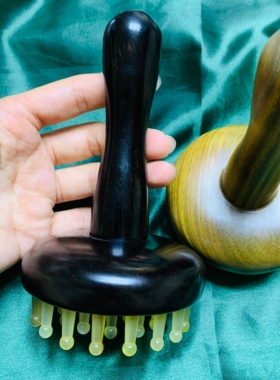 御用木紫光檀凹面圆形加长手柄羊角齿绿檀按摩经络梳刮痧推拿肩颈
