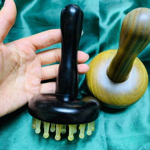 御用木紫光檀凹面圆形加长手柄羊角齿绿檀按摩经络梳刮痧推拿肩颈