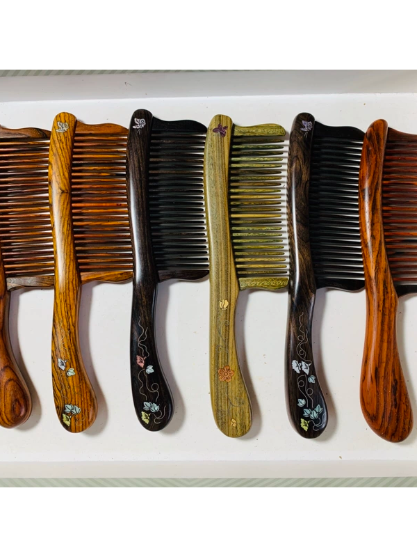 红酸枝镶嵌插齿紫光檀木梳男女通用家用维凹黄檀送礼绿檀木礼盒装