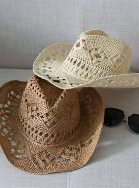 Straw Western Cowboy Hat for Women Men Classic Vintage Hollo