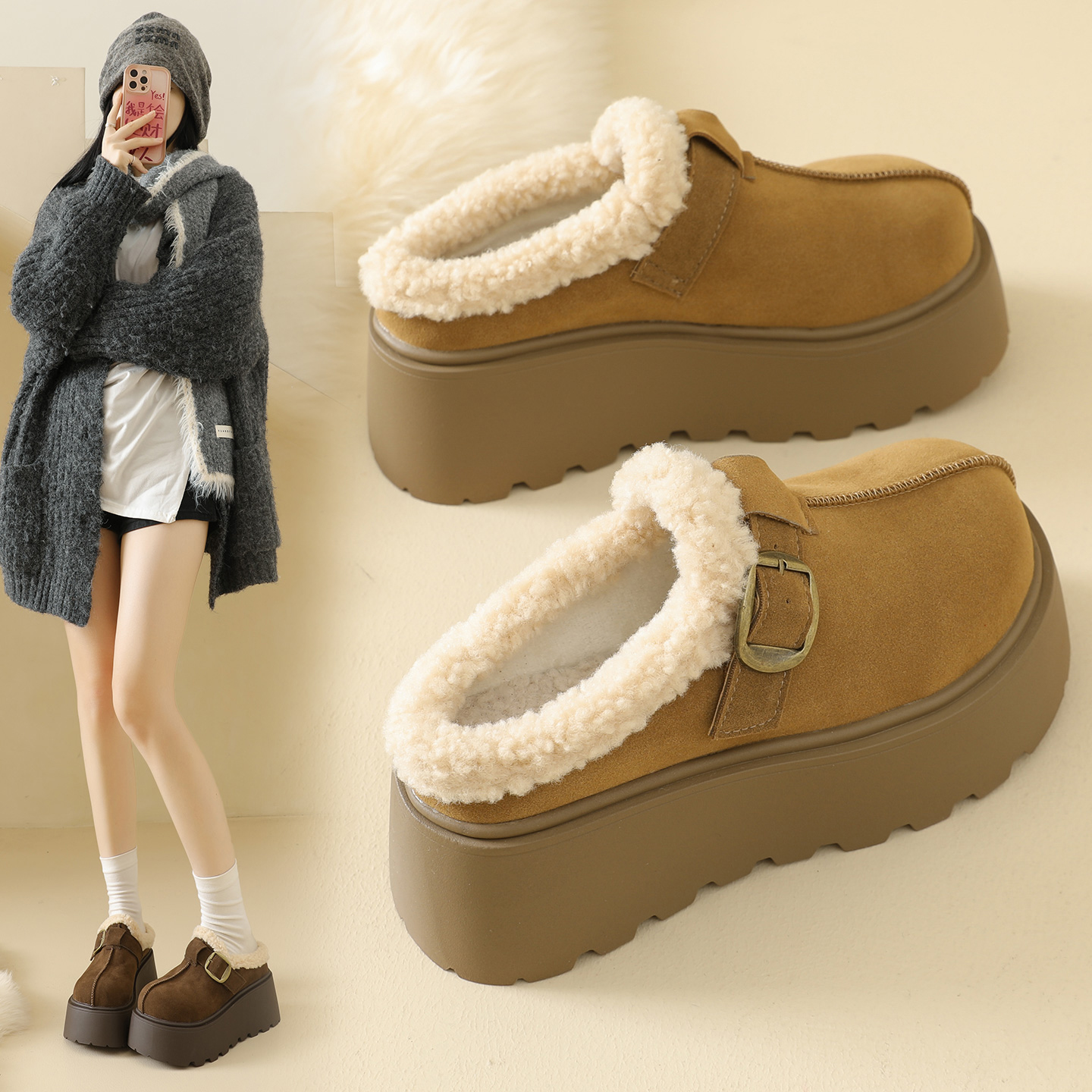 赵露思同款毛绒勃肯鞋女冬季厚底增高包头半拖加绒保暖一脚蹬棉鞋