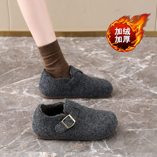 赵露思同款加绒勃肯鞋女冬季保暖毛毛鞋一脚蹬魔术贴灰色棉鞋34码