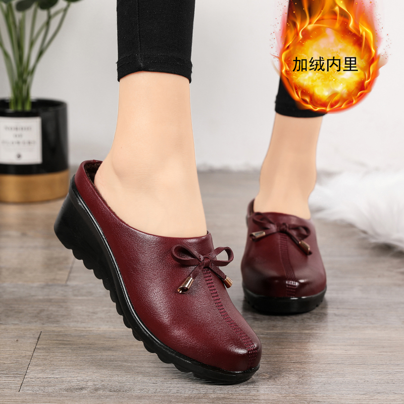 无后跟包头拖鞋女冬加绒保暖坡拖