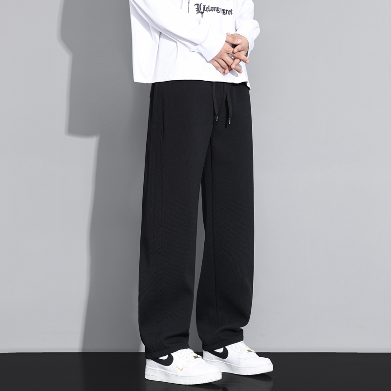 2025秋冬新款青少年加长男裤休闲宽松直筒华夫格重磅阔腿卫裤