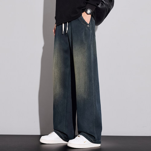 2025新秋冬大码裤子男士复古洗水牛仔直筒拖地弹力松紧腰运动卫裤