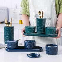 Nordic ceramic moistureproof kitchen seasoning pot set three piece household salt pot seasoning box cover