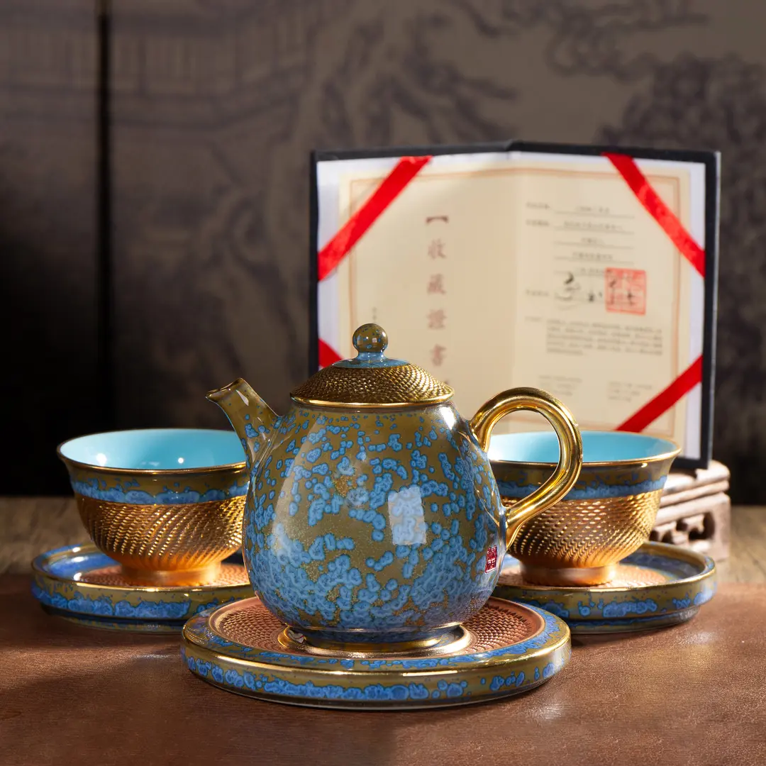 西泠墨香上新家用高档复古茶杯钧窑冰晶蓝一壶两杯高档茶具HX0357