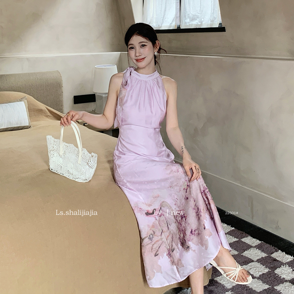 LS述致 新中式国风水墨无袖挂脖连衣裙夏季海边绝美度假长裙