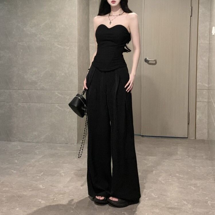 冷淡风感套装黑色辣妹抹胸背心上衣女夏季高腰西装裤子两件套