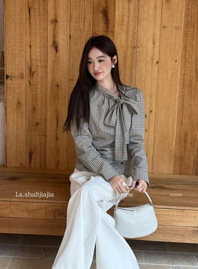 LS 复古优雅系带领口格纹小衫 广州十三行2026早春新品女装61230#