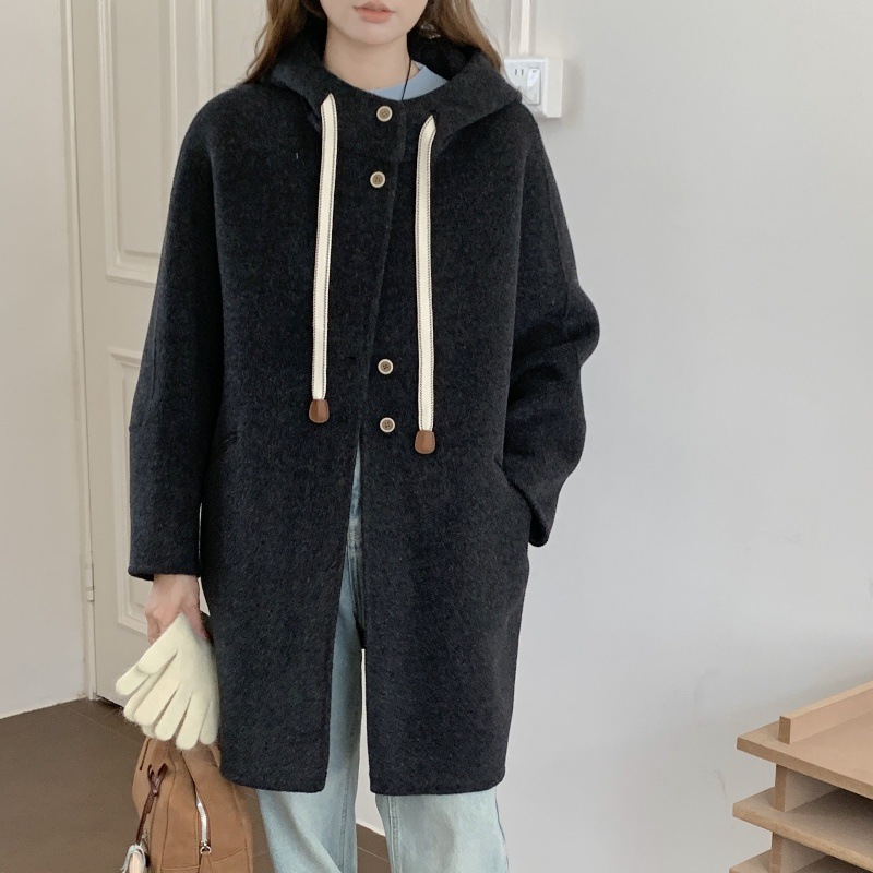 加厚牦牛骆驼绒双面呢大衣连帽中