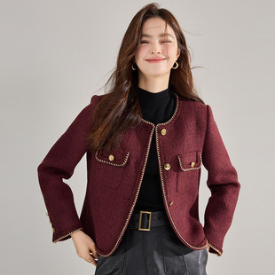 秋冬新款 安可拉红小香风粗花呢金色链条花边短外套女上衣22503