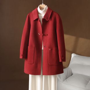 红色国风妈妈装秋冬宽松西装款双面羊绒大衣女中长款毛呢外套女