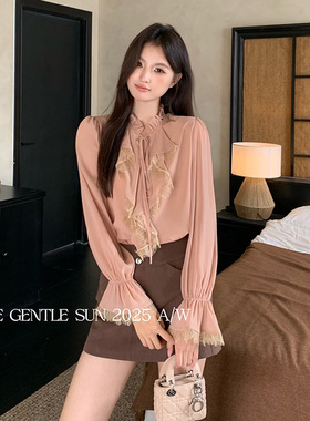 秀熙熙2025秋季白标千金风蕾丝花边系带打底衬衫女长袖上衣89587