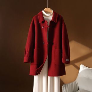 新款秋冬双面羊绒大衣女红色中长款娃娃领一手长毛呢外套女严选