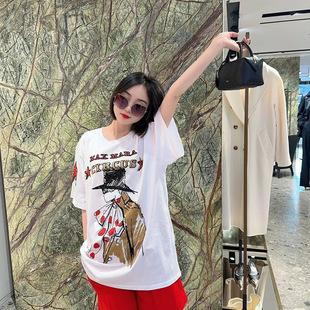 M家秋季新款棉质马戏团图案刺绣印花植绒珠片大板型短袖圆领T恤