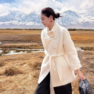 山羊绒拉绒大衣女高端绵羊毛立领拉毛皮草毛呢大衣冬女感厚