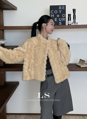 【ls新品牌】黑标极简 秋冬上新极简时髦立领毛毛外套女ls987