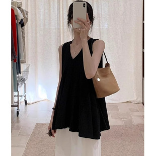 遮副乳設計感小眾外穿無袖 上衣 薄款 黑色V領不規(guī)則背心吊帶女夏季