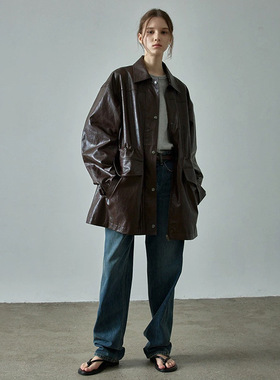 FP自制 皮衣夹克女24ss秋冬设计感宽松廓形抽绳单排扣中长款外套