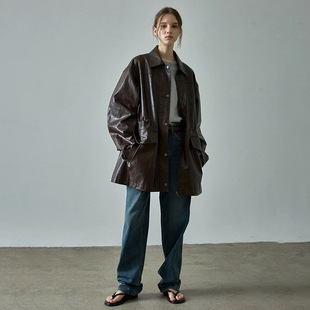 FP自制 外套 皮衣夹克女24ss秋冬设计感宽松廓形抽绳单排扣中长款