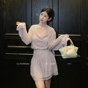 新款 LS述致 25夏季 甜美温柔荡领上衣 高腰显瘦短裙两件套女装