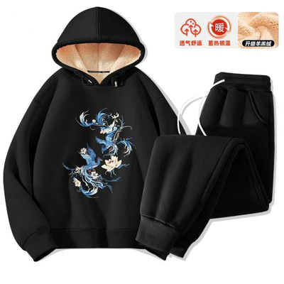 套头加绒卫衣男款秋冬季2024新款加厚保暖羊羔绒连帽国风套装