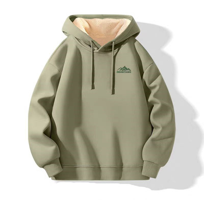 加厚羊羔绒连帽卫衣男冬季新款绿色通勤风简约加绒保暖休闲外套