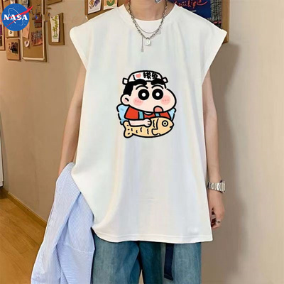 NASA卡通摸鱼小新印花圆领背心男女夏季休闲宽松百搭hiphop背心男