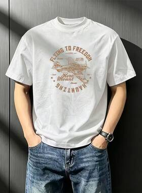 夏季新款复古飞机百搭印花短袖男宽松美式潮流ins休闲男士上衣12