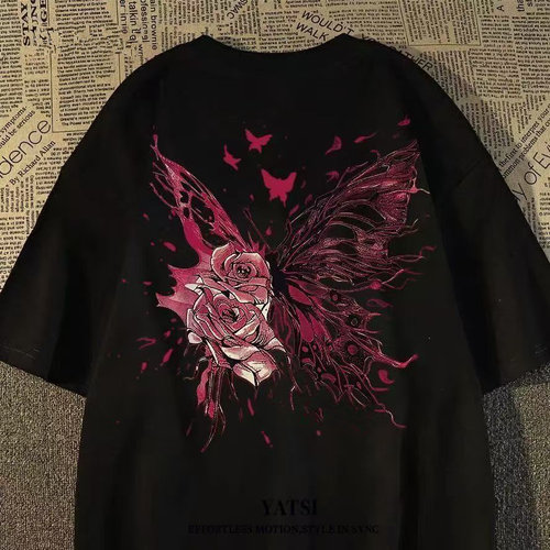美式潮牌vintage蝴蝶设计ins印花短袖t恤男夏季新款嘻哈高街上衣