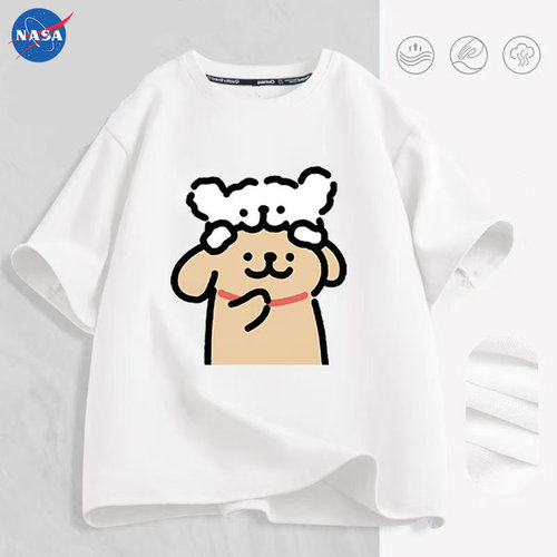 NASA卡通可爱线条小狗t恤短袖夏季新款男女宽松休闲百搭ins上衣潮