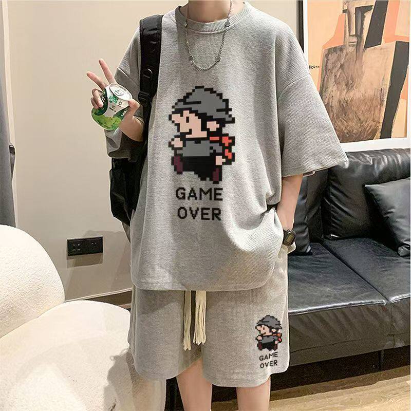 大码运动服套装短袖t男青少年夏季休闲华夫格学生一套搭配痞帅12