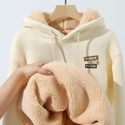 重磅羊羔绒卫衣男冬季加绒超厚保暖连帽外套男生宽松休闲套头衫