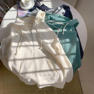 早春新款半拉链连帽卫衣女款宽松纯色休闲学生长袖套头上衣外套潮