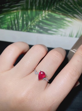 银镀白金配钻镶嵌缅甸鸽血红玫红水滴形爱心时尚小清新百搭戒指