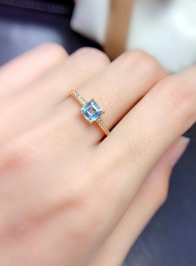 银镀黄金配钻镶嵌天然阿斯切天空蓝托帕石时尚潮流小清新百搭女戒