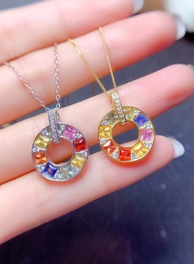 925银镀金镶嵌天然彩色蓝宝石糖果色马卡龙时尚甜甜圈个性方项链