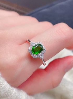 银镀白金钻镶嵌天然透辉石只此青绿时尚潮流小清新百搭戒指活口调