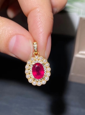 银镀黄金镶嵌珍珠鸽血红玫红红宝石时尚大方可爱小清新吊坠送银链