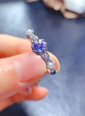 天然坦桑石珍珠戒指925银镀白金4mm时尚韩版蕾丝轻奢高级女戒活口