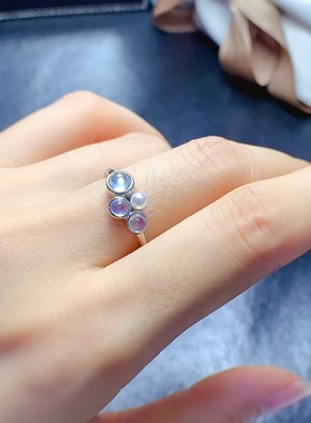天然蓝月光珍珠戒指女小众设计感高级轻奢食指戒925银精工泡泡款