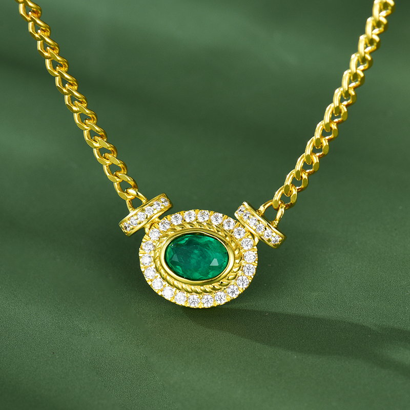 卓蝶珠宝复古高级感纯银镀金合成祖母绿古巴项链女潮流小众欧美风