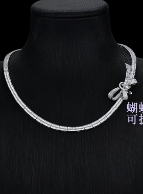 卓蝶珠宝 纯银镀18k白金钻石项链满钻梯方锁骨链蝴蝶结晚装链颈饰