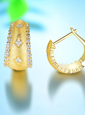 卓蝶珠宝复古金色耳扣纯银电镀18K黄金耳环女弧面纯手工拉丝耳饰