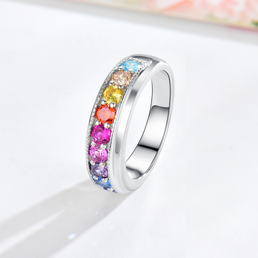 纯银欧美风时尚彩虹渐变戒指情侣